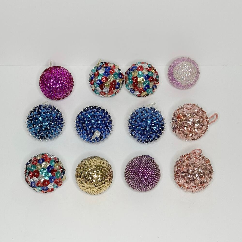 Vintage Handmade Push Pin Ornaments Set Of 12 Christmas Ball 3" Various Colors